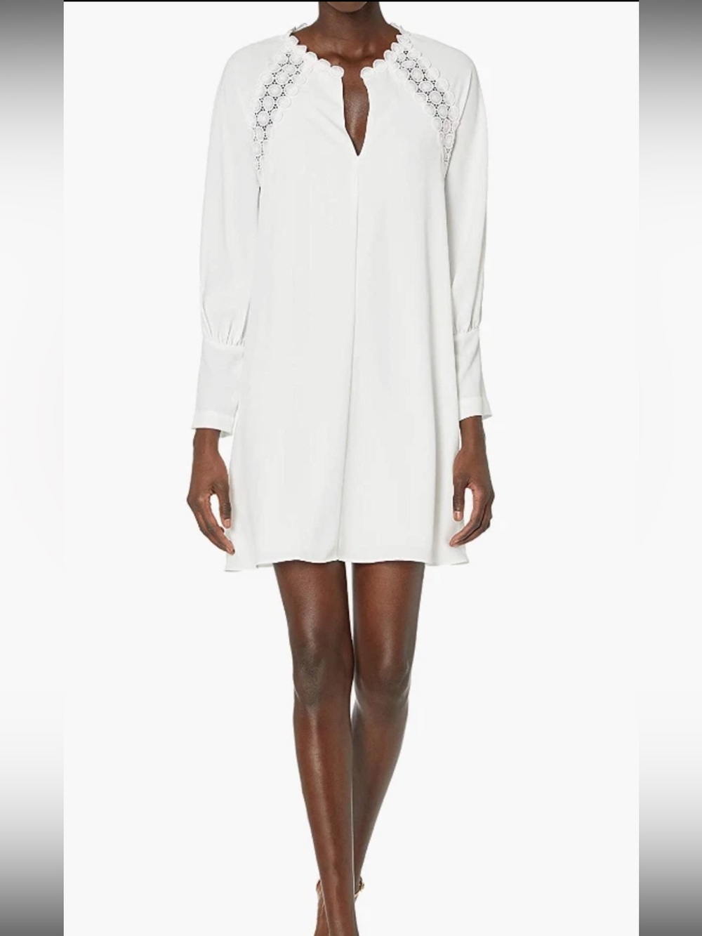 BCBGMaxAzria White Lace-Panel Long Sleeve Shift Dress